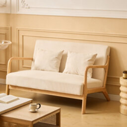 Nordlys 2-Seater Sofa Bench In Solid Wood And Beige Velvet Countryside Style Living Room - thumbnail 4