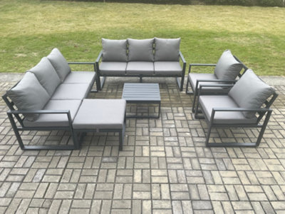 Fimous Aluminium Patio Outdoor Garden Furniture Lounge Sofa Set With Square Coffee Table 2 Chairs Big Footstool Dark Grey - image 1