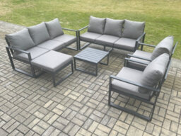 Fimous Aluminium Patio Outdoor Garden Furniture Lounge Sofa Set With Square Coffee Table 2 Chairs Big Footstool Dark Grey - thumbnail 2