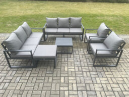 Fimous Aluminium Patio Outdoor Garden Furniture Lounge Sofa Set With Square Coffee Table 2 Chairs Big Footstool Dark Grey