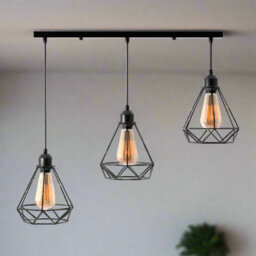 Vintage Industrial 3 Way Ceiling Pendant Light  Black Diamond Cage Design - thumbnail 2