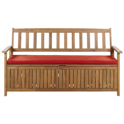 Beliani Garden Bench With Cushion Sovana 160 Cm With Storage Acacia Wood Red - image 1