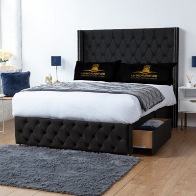 UKBEDFURNITURE Jasmine Black Plush Wingback Divan Bed 2 Foot End Drawers With 10 Inch Orthopaedic Mattress & 54 Inch Headboard - image 1