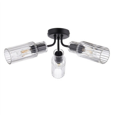 First Choice Lighting Portland - Matt Black With Clear Glass 3 Light Flush Ceiling Fitting - image 1