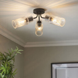 First Choice Lighting Portland - Matt Black With Clear Glass 3 Light Flush Ceiling Fitting - thumbnail 7
