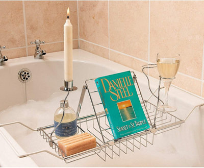 Expandable Chrome Over Bath Rack Organiser With Book, Drink & Candle Holders - Extends From 62Cm To 90Cm - image 1