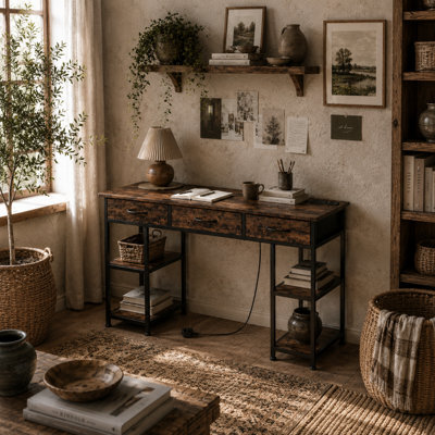 Wyld Haus Hariva 120Cm Rustic Brown Home Office Desk With Power Sockets, 3 Fabric Drawers And 4 Shelves - image 1