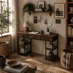 Wyld Haus Hariva 120Cm Rustic Brown Home Office Desk With Power Sockets, 3 Fabric Drawers And 4 Shelves - thumbnail 1