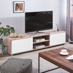 Beliani Minimalist Tv Stand, Matt Light Brown And White, Wide Top For Up To 81-Inch Tvs, Cable Management - thumbnail 2