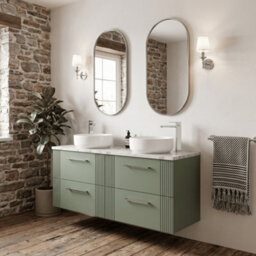Balterley Belvide Partial Fluted 4 Drawer Wall Hung Vanity Unit With Carrera Marble Laminate Worktop - 1200mm - Satin Green - thumbnail 4