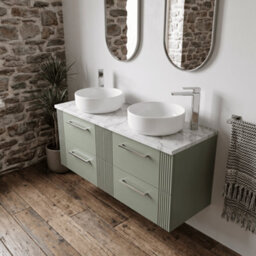 Balterley Belvide Partial Fluted 4 Drawer Wall Hung Vanity Unit With Carrera Marble Laminate Worktop - 1200mm - Satin Green - thumbnail 3