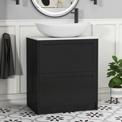 Royal Bathrooms Royal Bathroom Elmore 700mm Matt Nocturne Black Freestanding Bathroom Vanity Unit 2 Drawer Plain White Worktop With Cesar Basin - image 1