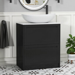 Royal Bathrooms Royal Bathroom Elmore 700mm Matt Nocturne Black Freestanding Bathroom Vanity Unit 2 Drawer Plain White Worktop With Cesar Basin - thumbnail 1