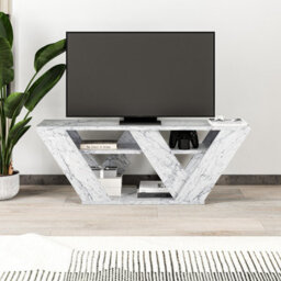 "Decortie Pipralla Modern Tv Stand Unit With Shelves For Up To 43"" Tvs White Marble Effect 110Cm"