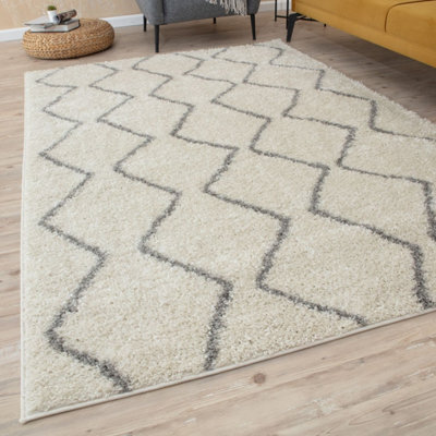 The Rugs Moroccan Shaggy Rugs And Runners Soft Fluffy Wavy Trellis Design High Pile Ivory And Grey Living Room Kitchen Hallway 800 - image 1