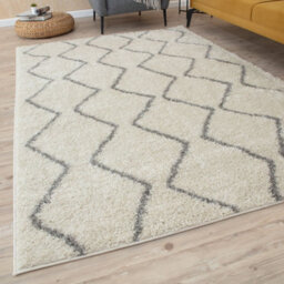 The Rugs Moroccan Shaggy Rugs And Runners Soft Fluffy Wavy Trellis Design High Pile Ivory And Grey Living Room Kitchen Hallway 800 - thumbnail 1