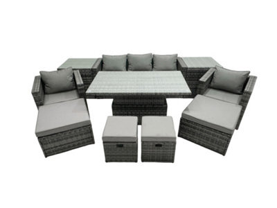 Fimous Pe Rattan Garden Furniture Set Lounge Sofa Rising Dining Table Set With 2 Side Tables 4 Footstool Dark Grey Mixed - image 1