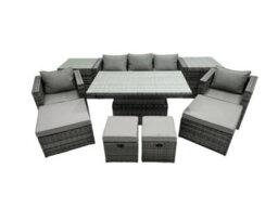 Fimous Pe Rattan Garden Furniture Set Lounge Sofa Rising Dining Table Set With 2 Side Tables 4 Footstool Dark Grey Mixed - thumbnail 1