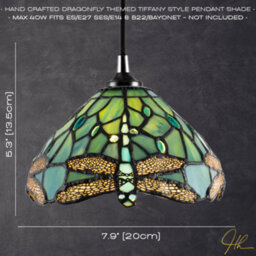 Happy Homewares Dragonfly Themed Emerald Stained Glass Tiffany Pendant Lighting Shade With Beads - thumbnail 6