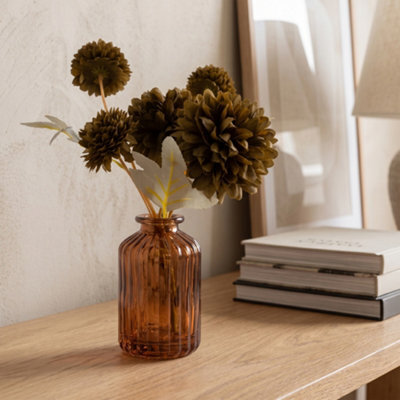 Candlelight Olive 24Cm Kiku Artificial Floral Arrangement In Amber Glass Vase - image 1
