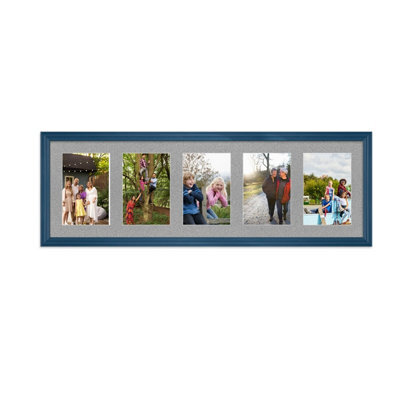 AK Frames 26X8 Navy Blue Classic Multi Photo Frame With Silver Mount - Holds 5 Apertures (5X) 6X4 Photos - image 1