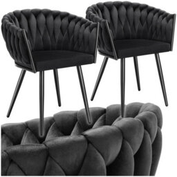 Tectake Set Of 2 Dining Chair Astano - Padded, Velvet, Knot Design, Continuous Backrest  - Black - thumbnail 1