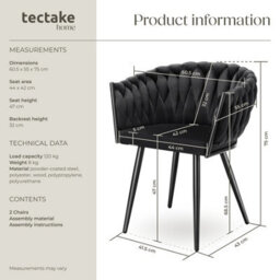 Tectake Set Of 2 Dining Chair Astano - Padded, Velvet, Knot Design, Continuous Backrest  - Black - thumbnail 6
