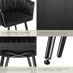 Tectake Set Of 2 Dining Chair Astano - Padded, Velvet, Knot Design, Continuous Backrest  - Black - thumbnail 5