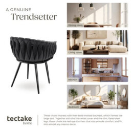 Tectake Set Of 2 Dining Chair Astano - Padded, Velvet, Knot Design, Continuous Backrest  - Black - thumbnail 7