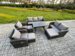 Fimous Outdoor Rattan Garden Furniture Set 10 Seater Patio Lounge Sofa Set With Dining Table 3 Footstools Dark Grey Mixed - thumbnail 2