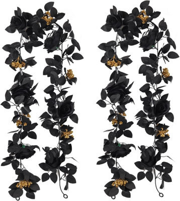2 Pack Black 5.9Ft Artificial Rose Garland - Hanging Floral Vine With Autumn Leaves For Halloween Thanksgiving Mantle & Home Decor - image 1