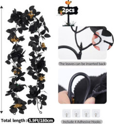 2 Pack Black 5.9Ft Artificial Rose Garland - Hanging Floral Vine With Autumn Leaves For Halloween Thanksgiving Mantle & Home Decor - thumbnail 3