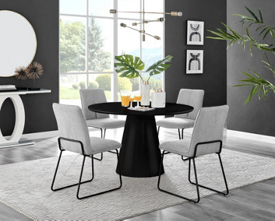 Furniturebox Uk Palma Black Semi-Gloss Round Pedestal Dining Table & 4 Light Grey Fabric Halley Black Leg Chairs - image 1