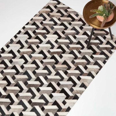 Homescapes Grey & Black Geometric Leather Rug, 90 X 150 Cm - image 1