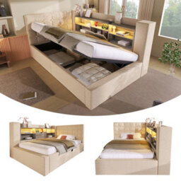Btm 3Ft Daybed With Hydraulic Storage, Usb/type-C Charging, Linen Beige (No Mattress) - thumbnail 3