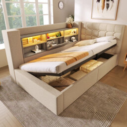 Btm 3Ft Daybed With Hydraulic Storage, Usb/type-C Charging, Linen Beige (No Mattress)