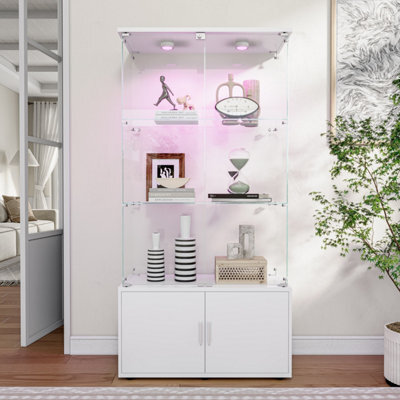 164Cm Tall Display Cabinets With Lockable,glass Bookcase Bookshelf With Led Lights And 3 Tier, High Gloss Cupboard For Living Room - image 1