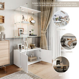 164Cm Tall Display Cabinets With Lockable,glass Bookcase Bookshelf With Led Lights And 3 Tier, High Gloss Cupboard For Living Room - thumbnail 5