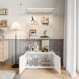 164Cm Tall Display Cabinets With Lockable,glass Bookcase Bookshelf With Led Lights And 3 Tier, High Gloss Cupboard For Living Room - thumbnail 4