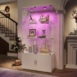 164Cm Tall Display Cabinets With Lockable,glass Bookcase Bookshelf With Led Lights And 3 Tier, High Gloss Cupboard For Living Room - thumbnail 3