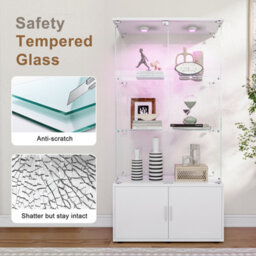 164Cm Tall Display Cabinets With Lockable,glass Bookcase Bookshelf With Led Lights And 3 Tier, High Gloss Cupboard For Living Room - thumbnail 6
