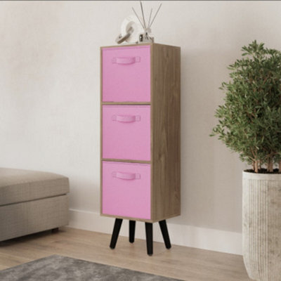 Urbn-Living Urbnliving 80Cm Height 3 Tier Oak Wooden Storage Bookcase Scandinavian Style Black Legs With Light Pink Inserts