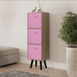 Urbn-Living Urbnliving 80Cm Height 3 Tier Oak Wooden Storage Bookcase Scandinavian Style Black Legs With Light Pink Inserts