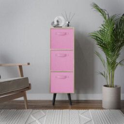 Urbn-Living Urbnliving 80Cm Height 3 Tier Oak Wooden Storage Bookcase Scandinavian Style Black Legs With Light Pink Inserts - thumbnail 3