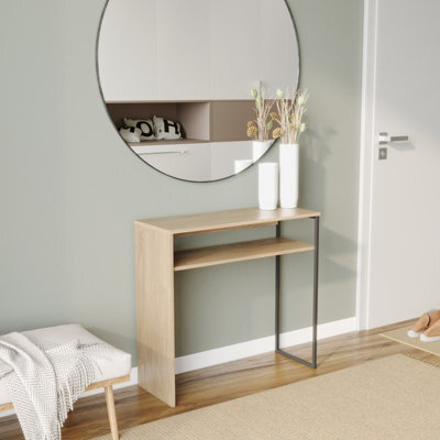 Oak Wooden & Steel Console Display Table Living Room Hallway W/ Storage Shelf 80Cm - image 1