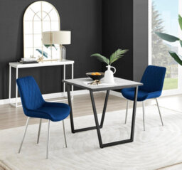 Furniturebox Uk Carson White Marble Effect Square Dining Table & 2 Navy Pesaro Silver Chairs