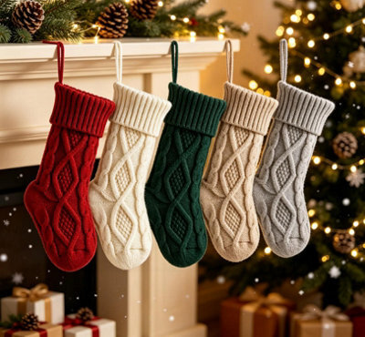 Amorly 5Pcs 14.6 Inch Small Cable Knit Christmas Stockings, Hanging Knitted Xmas Stockings For Fireplace Holiday Home Party Decor - image 1