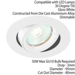 Tilting Round Recess Ceiling Down Light Gloss White 95mm Flush Gu10 Lamp Fitting - thumbnail 2