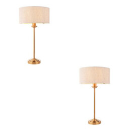 Loops Vintage Brass Table Lamp Set With Natural Linen Shades - Elegant 2 Pack For Home Decor