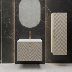 Impact Furniture Bathroom Furniture Set Beige 600mm Vanity Sink Unit With Basin And Tallboy Wall Hung Cabinet Fluted Cashmere Cara